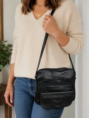 Black Multi Compartment Organizer Crossbody Shoulder Bag Travel Purse